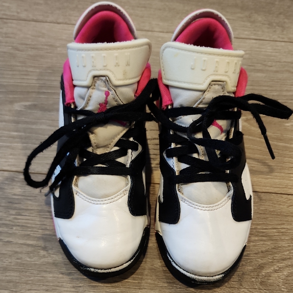 Jordan Kids' White, Black, and Pink Sneakers